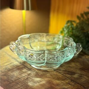 Vintage Jeannette Glass Aztec Rose Two-Handled Bowl In Blue/Aqua Color